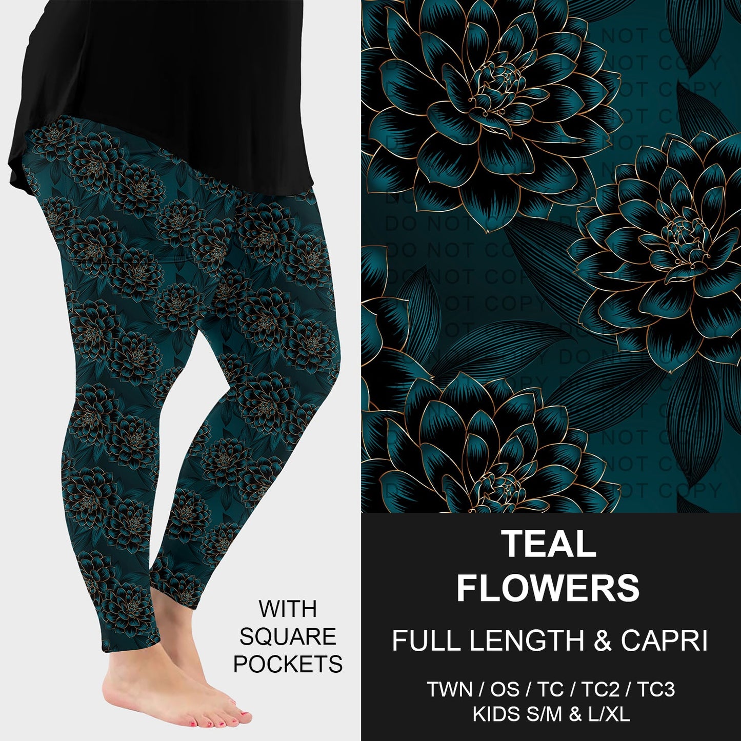 B260 - Preorder Teal Flowers Leggings w/ Pockets (Closes 11/09. ETA: mid Jan.)