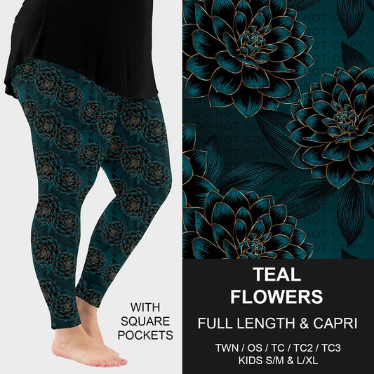B260 - Preorder Teal Flowers Leggings w/ Pockets (Closes 11/09. ETA: mid Jan.)