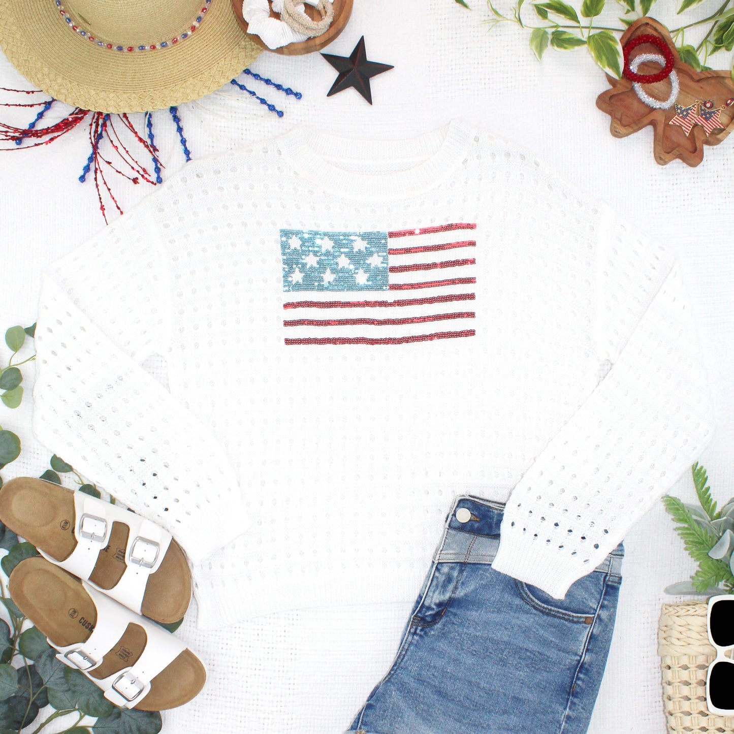 IN STOCK USA Sequin Flag Open Knit Pullover FINAL SALE