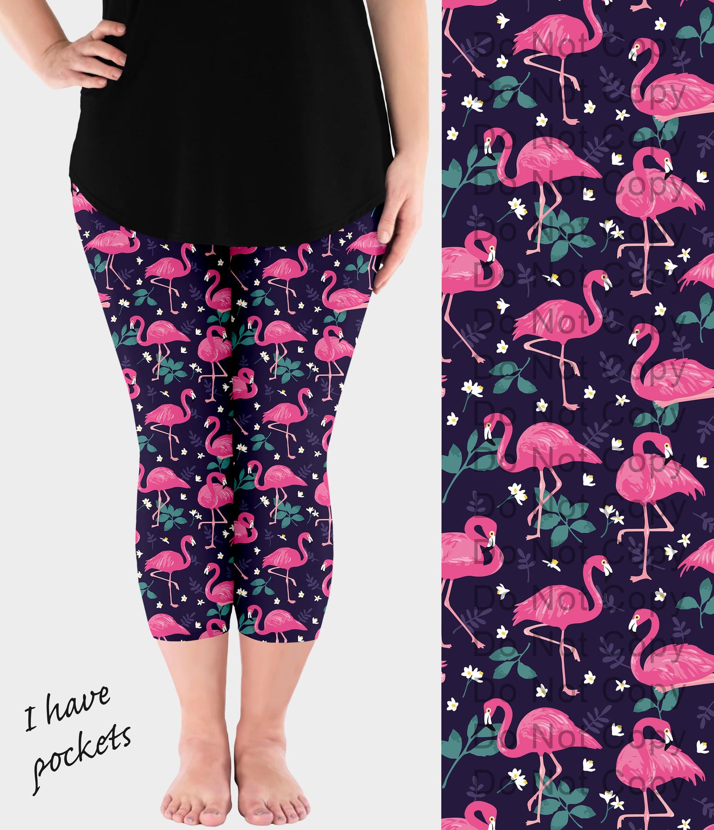 RTS - Navy Pink Flamingos Capri Leggings w/ Pockets