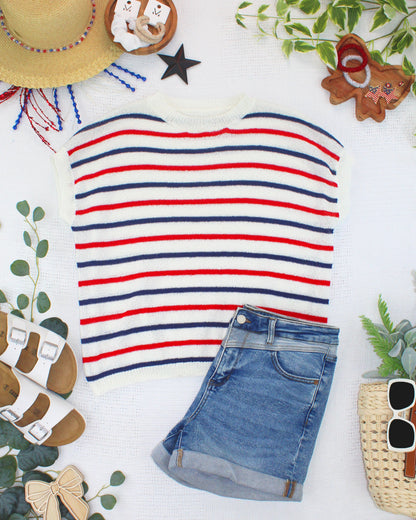 IN STOCK Red, White, and Blue Stripes Open Knit Top FINAL SALE