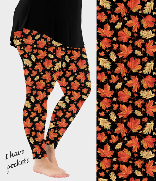 RTS - Orange Leaves Leggings w/ Pockets