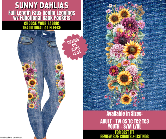 Preorder! Closes 11/5. ETA Jan. Sunny Dahlias Faux Denim Leggings w/ Side Leg Designs Choose Fleece or Traditional