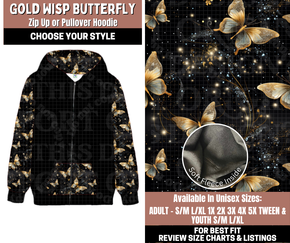 Preorder! Closes 11/3. ETA Jan. Gold Wisp Butterfly Zip-Up or Pullover Hoodie