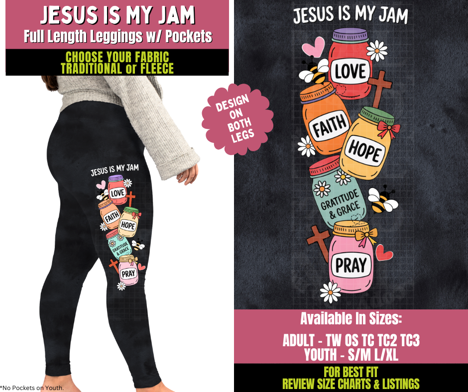Preorder! Closes 11/5. ETA Jan. Jesus Is My Jam Watercolor Leggings w/ Side Leg Designs Choose Fleece or Traditional
