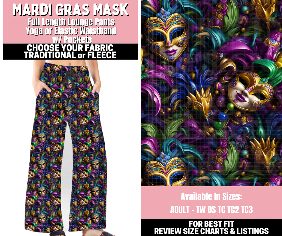 Preorder! Closes 11/12. ETA Jan. Mardi Gras Mask Lounge Pants Choose Fleece or Traditional