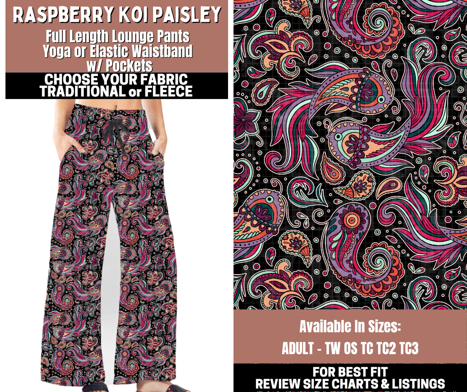 Preorder! Closes 11/3. ETA Jan. Raspberry Koi Paisley Lounge Pants Choose Fleece or Traditional