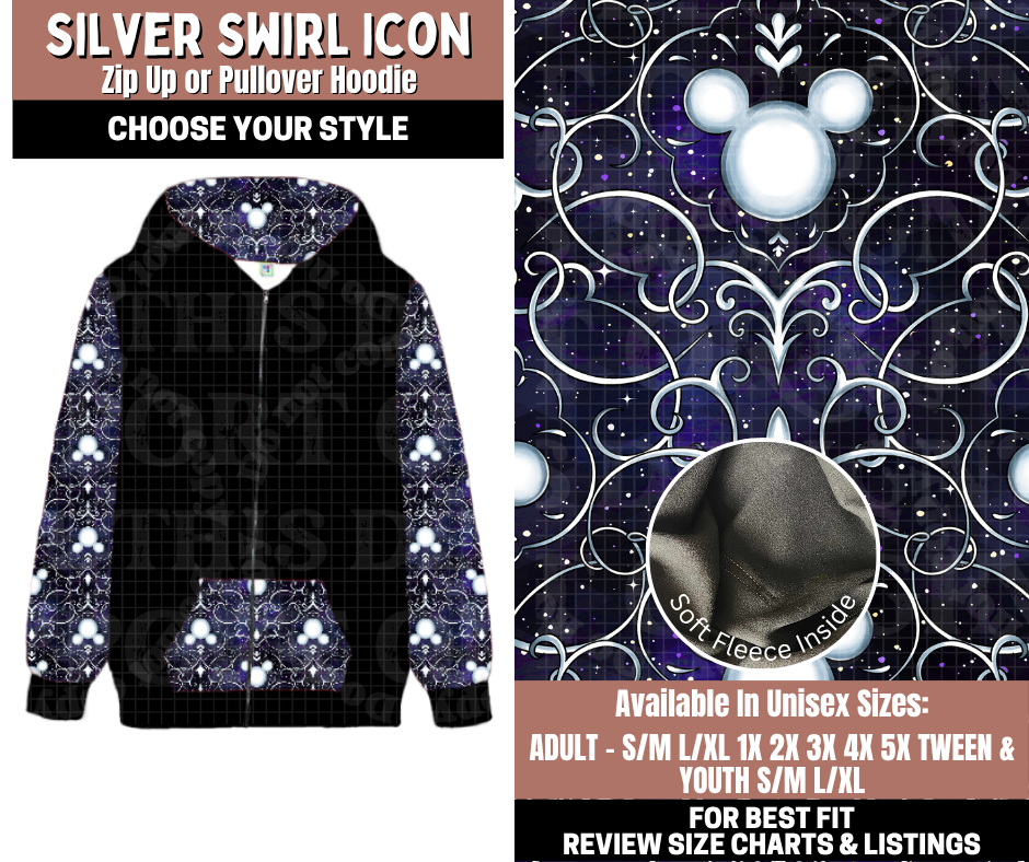 Preorder! Closes 11/3. ETA Jan. Silver Swirl Icon Zip-Up or Pullover Hoodie