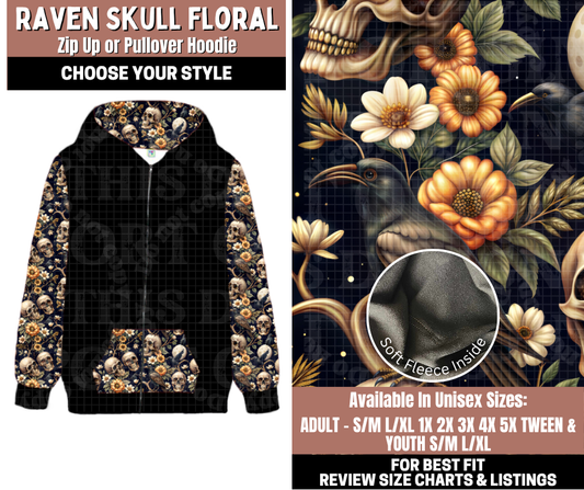 Preorder! Closes 11/3. ETA Jan. Raven Skull Floral Zip-Up or Pullover Hoodie
