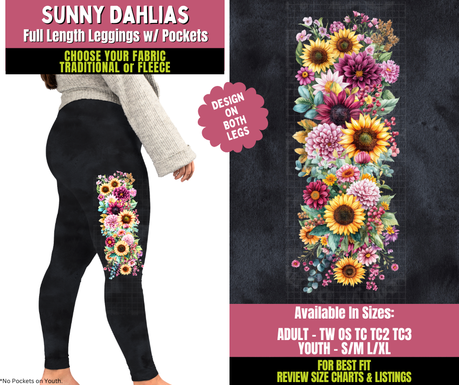 Preorder! Closes 11/5. ETA Jan. Sunny Dahlias Watercolor Leggings w/ Side Leg Designs Choose Fleece or Traditional