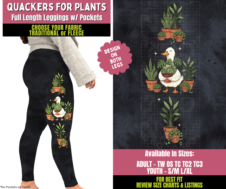 Preorder! Closes 11/5. ETA Jan. Quackers For Plants Watercolor Leggings w/ Side Leg Designs Choose Fleece or Traditional