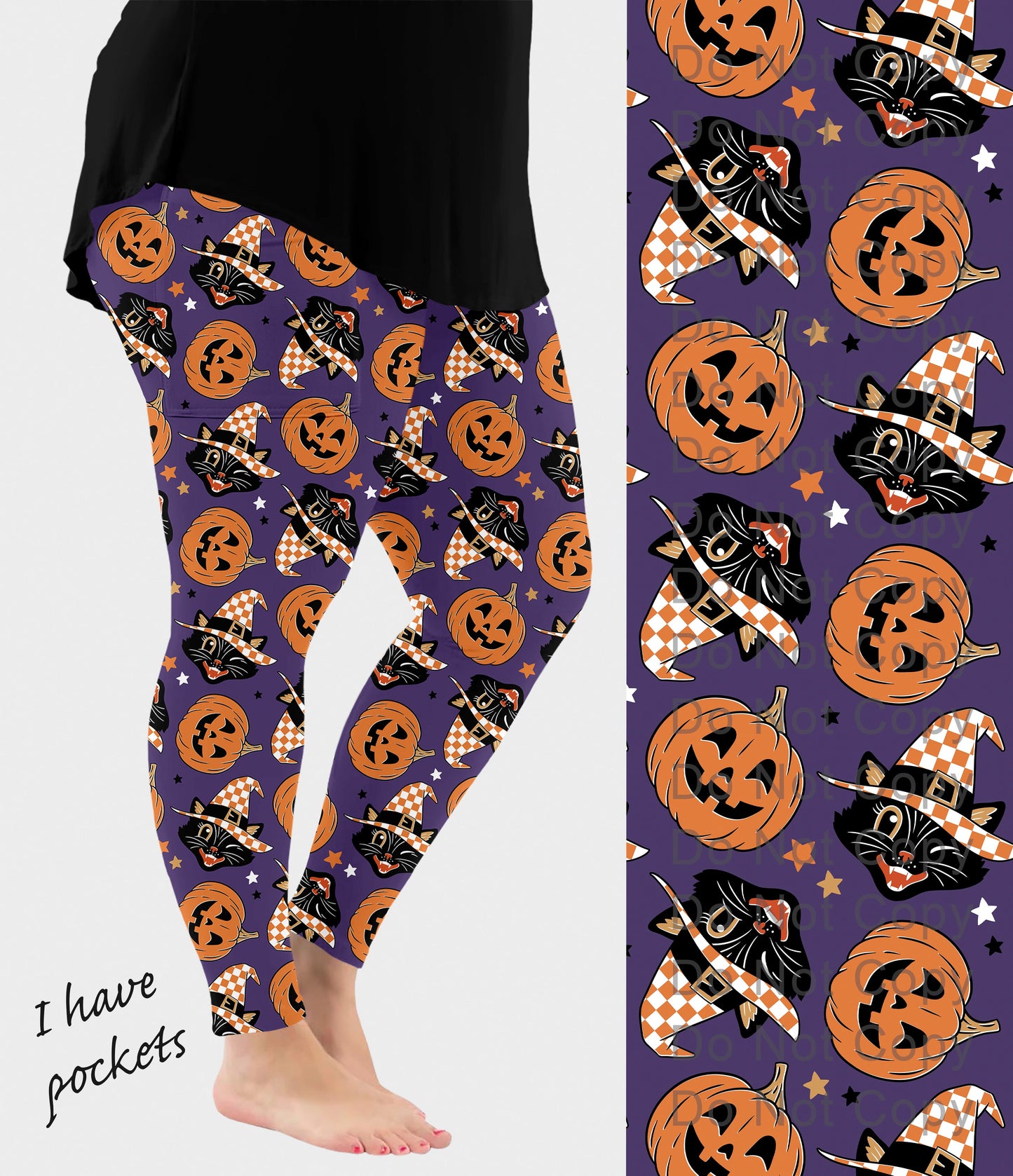 RTS - Vintage Purple Cat and Pumpkins Leggings w/ Pockets