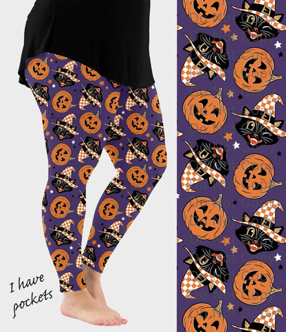 RTS - Vintage Purple Cat and Pumpkins Leggings w/ Pockets