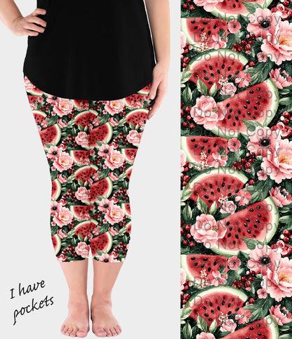 RTS - Watermelon Blooms Capri Leggings w/ Pockets