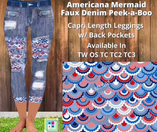 Americana Mermaid Faux Denim Peek-a-Boo Capris by ML&M